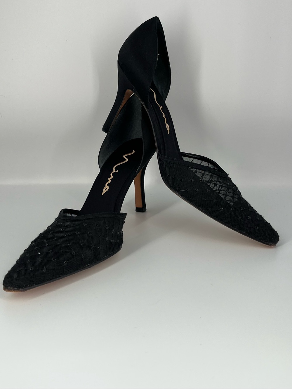 Nina Black D'Orsay Pointed Toe Beaded Heels